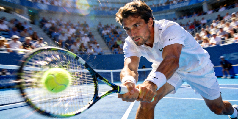 网球大满贯比赛，运动员正在底线奋力回球